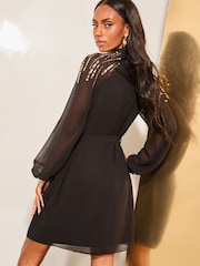 Lipsy Black Petite Scatter Sequin Long Sleeve Shift Dress - Image 4 of 4