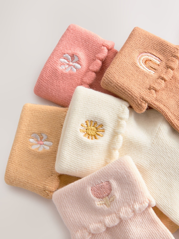 Tan Brown Embroidered Baby Roll Top Socks 5 Pack (0mths-2yrs) - Image 3 of 3