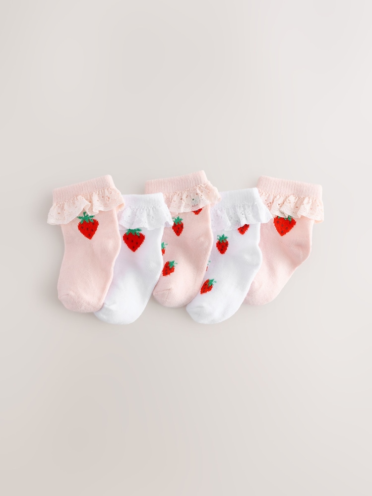 White/Pink Strawberry 5 Pack Strawbery Lace Baby Socks (0mths-2yrs) - Image 1 of 4