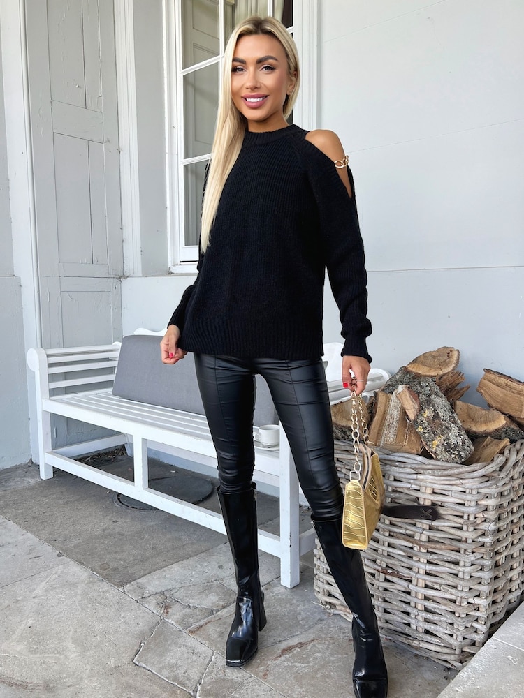 AX Paris Cut Out Shoulder Chain Detail Knit Black Jumper - Image 1 of 4