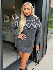AX Paris Grey Anthracite Fairisle Mock Neck Knitted Dress - Image 1 of 4