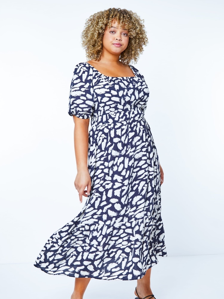 Roman Blue Stretch Waist Midi Dress - Image 1 of 6 Roman Blue Stretch Waist Midi Dress - Image 1 of 6