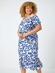 Roman Blue Leaf Bardot Stretch Midi Dress - Image 1 of 6