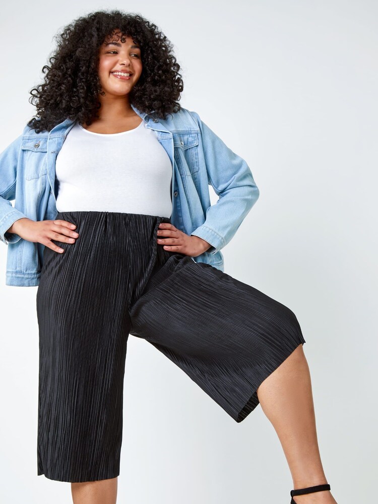 Roman Black Stretch Plisse Culotte Trousers - Image 2 of 5