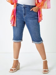 Roman Blue Stretch Knee Length Denim Shorts - Image 1 of 5
