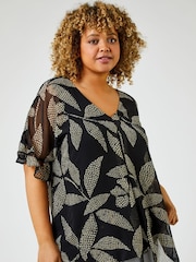 Roman Black Abstract Leaf Print Chiffon Overlay Top - Image 1 of 6