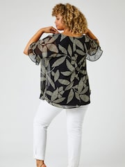 Roman Black Abstract Leaf Print Chiffon Overlay Top - Image 2 of 6