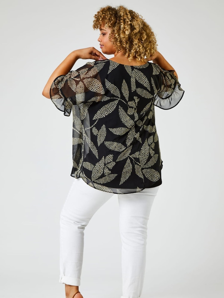 Roman Black Abstract Leaf Print Chiffon Overlay Top - Image 2 of 6