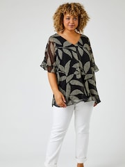 Roman Black Abstract Leaf Print Chiffon Overlay Top - Image 3 of 6