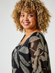 Roman Black Abstract Leaf Print Chiffon Overlay Top - Image 4 of 6