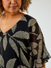 Roman Black Abstract Leaf Print Chiffon Overlay Top - Image 5 of 6