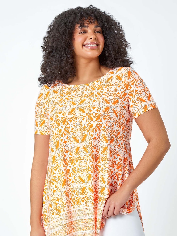 Roman Orange Tile Print Stretch Top - Image 1 of 5