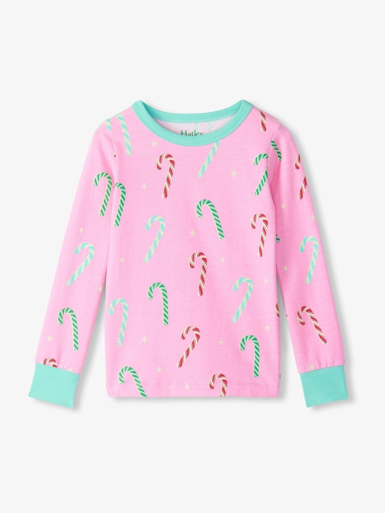 Hatley Pink Pink Candy Canes Glow in the Dark Stretch Jersey Pyjama Set - Image 2 of 3 Hatley Pink Pink Candy Canes Glow in the Dark Stretch Jersey Pyjama Set - Image 2 of 3