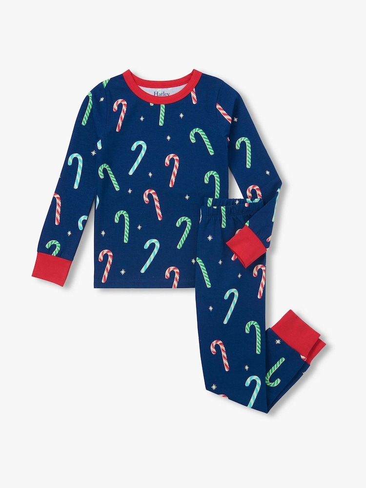 Hatley Blue Blue Candy Canes Glow in the Dark Stretch Jersey Pyjamas Set - Image 1 of 4 Hatley Blue Blue Candy Canes Glow in the Dark Stretch Jersey Pyjamas Set - Image 1 of 4
