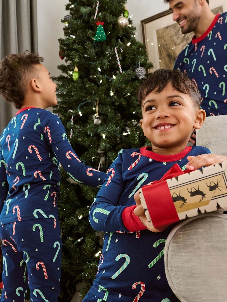 Hatley Blue Blue Candy Canes Glow in the Dark Stretch Jersey Pyjamas Set - Image 2 of 4 Hatley Blue Blue Candy Canes Glow in the Dark Stretch Jersey Pyjamas Set - Image 2 of 4