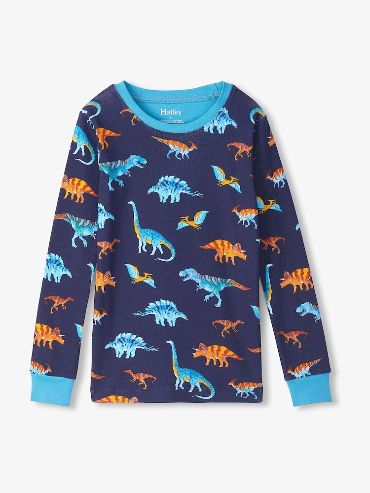 Hatley Blue Colourful Dinos Cotton Rib Pyjamas Set - Image 2 of 3 Hatley Blue Colourful Dinos Cotton Rib Pyjamas Set - Image 2 of 3