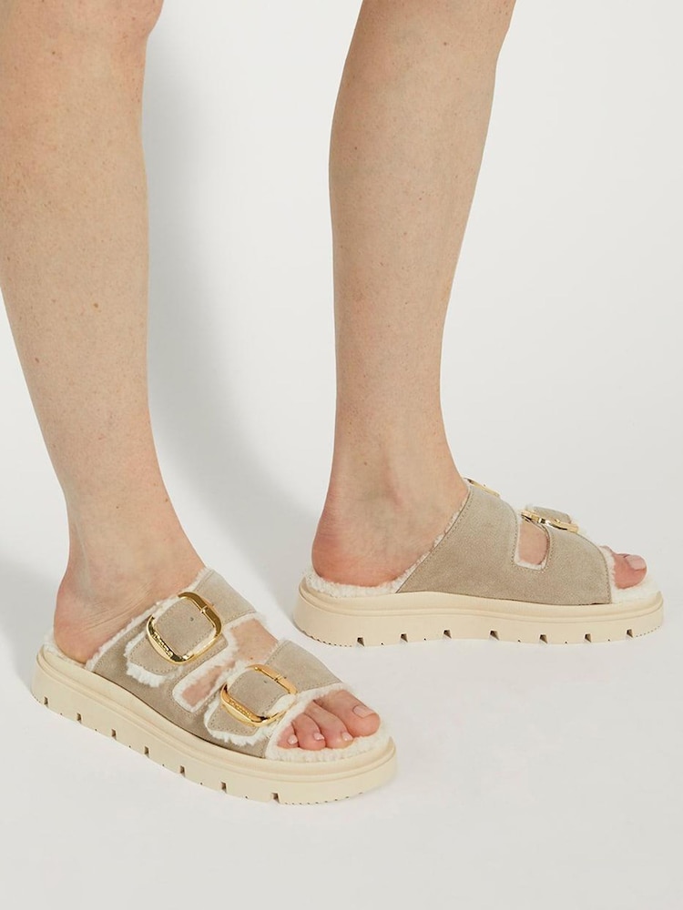 Dune London Cream Lodge Faux Shearling Flat Sandals - Image 1 of 6