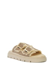 Dune London Cream Lodge Faux Shearling Flat Sandals - Image 2 of 6