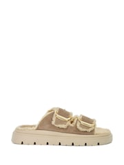 Dune London Cream Lodge Faux Shearling Flat Sandals - Image 3 of 6