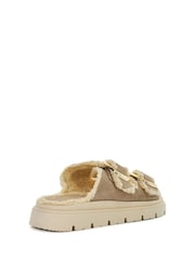 Dune London Cream Lodge Faux Shearling Flat Sandals - Image 4 of 6
