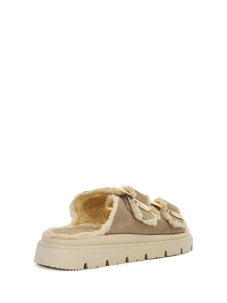 Dune London Cream Lodge Faux Shearling Flat Sandals - Image 4 of 6