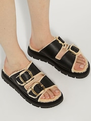 Dune London Black Lodge Faux Shearling Flat Sandals - Image 1 of 6