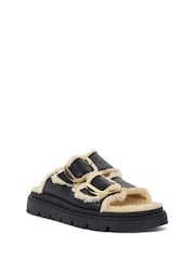 Dune London Black Lodge Faux Shearling Flat Sandals - Image 2 of 6