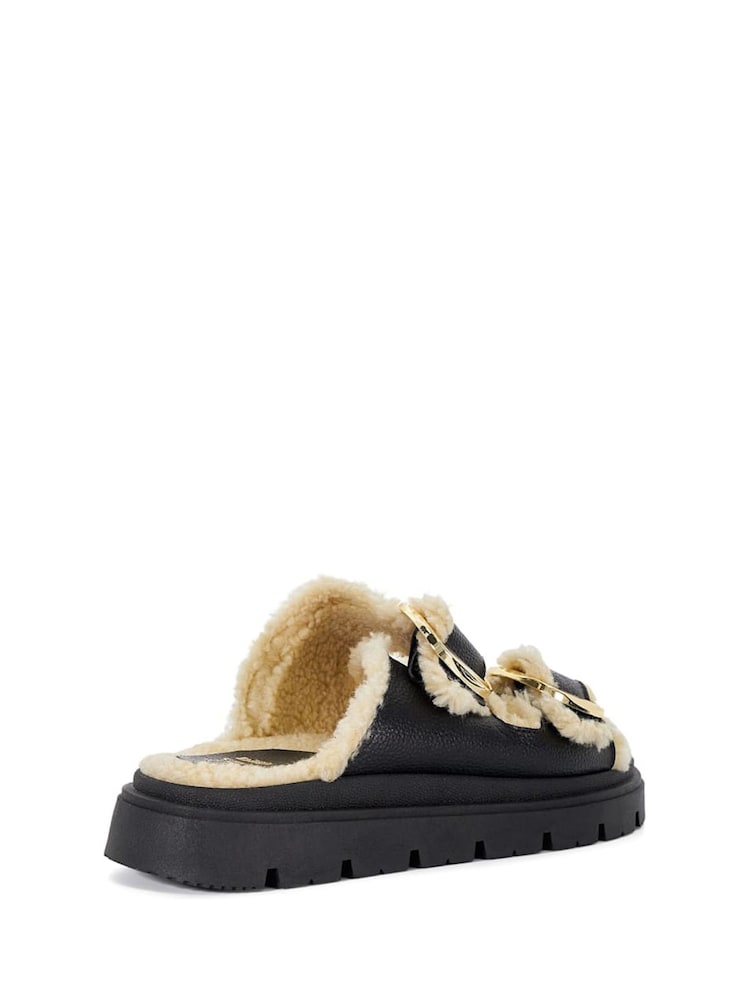 Dune London Black Lodge Faux Shearling Flat Sandals - Image 3 of 6