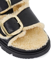 Dune London Black Lodge Faux Shearling Flat Sandals - Image 6 of 6