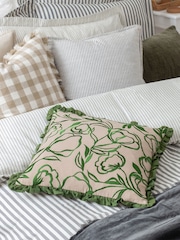Wylder Nature Linen Green Albera Floral Fringed 100% Cotton Cushion - Image 1 of 7