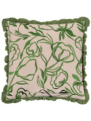 Wylder Nature Linen Green Albera Floral Fringed 100% Cotton Cushion - Image 2 of 7