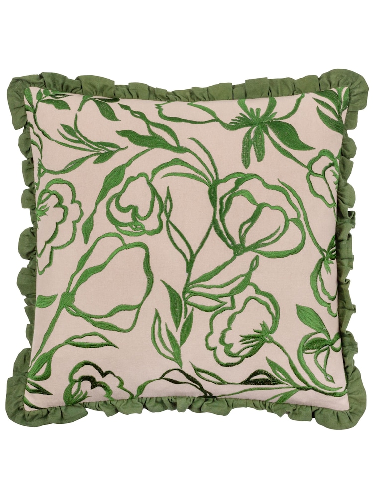 Wylder Nature Linen Green Albera Floral Fringed 100% Cotton Cushion - Image 2 of 7