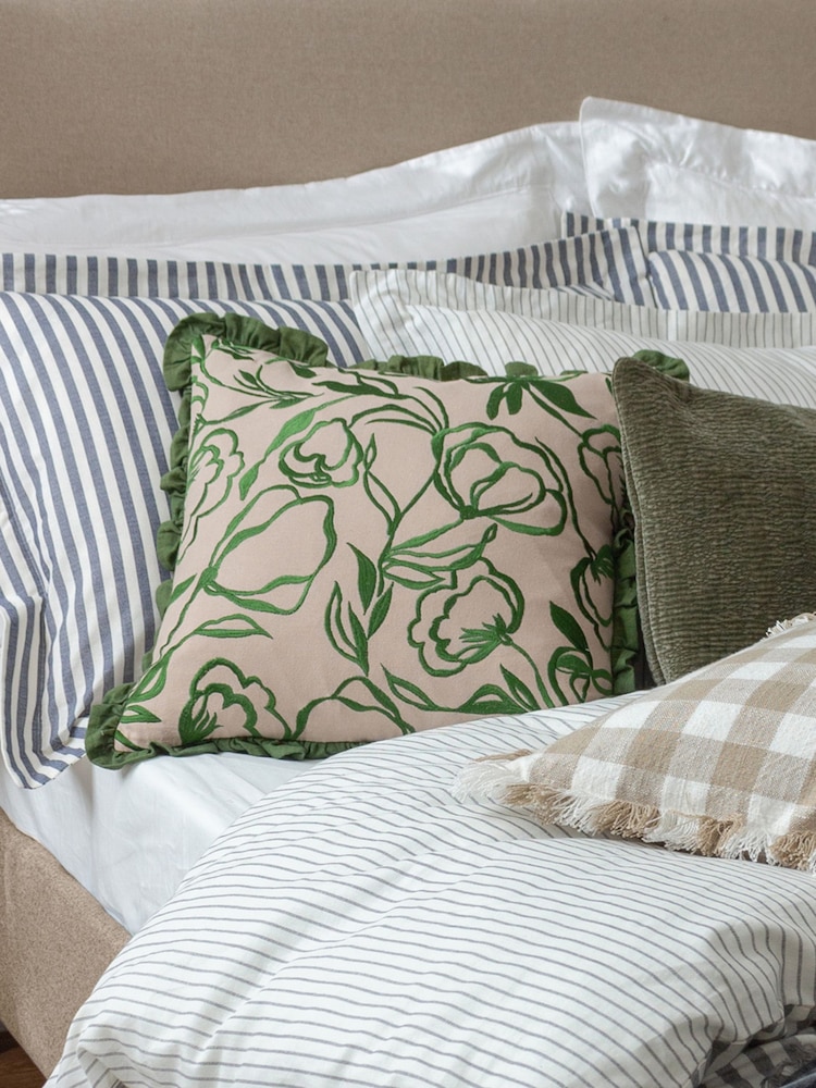 Wylder Nature Linen Green Albera Floral Fringed 100% Cotton Cushion - Image 7 of 7
