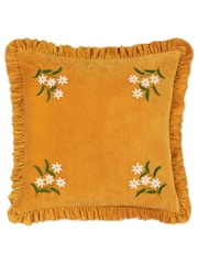 Furn Gold 100% Cotton Daisy Frill Embroidered Velvet Cushion - Image 1 of 4