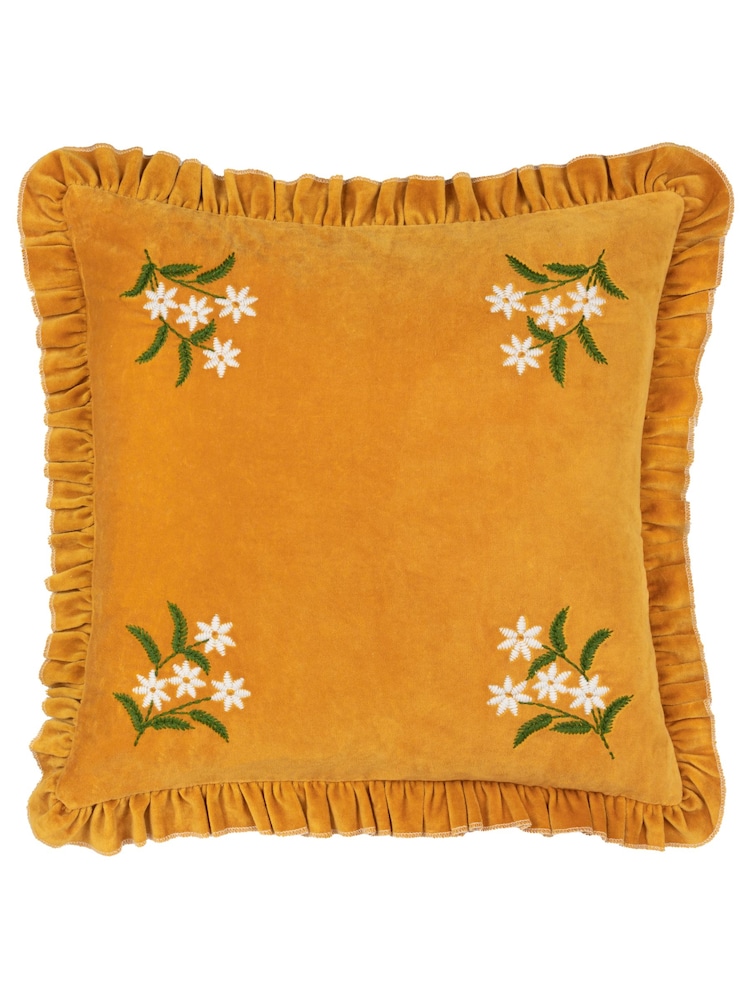 Furn Gold 100% Cotton Daisy Frill Embroidered Velvet Cushion - Image 1 of 4