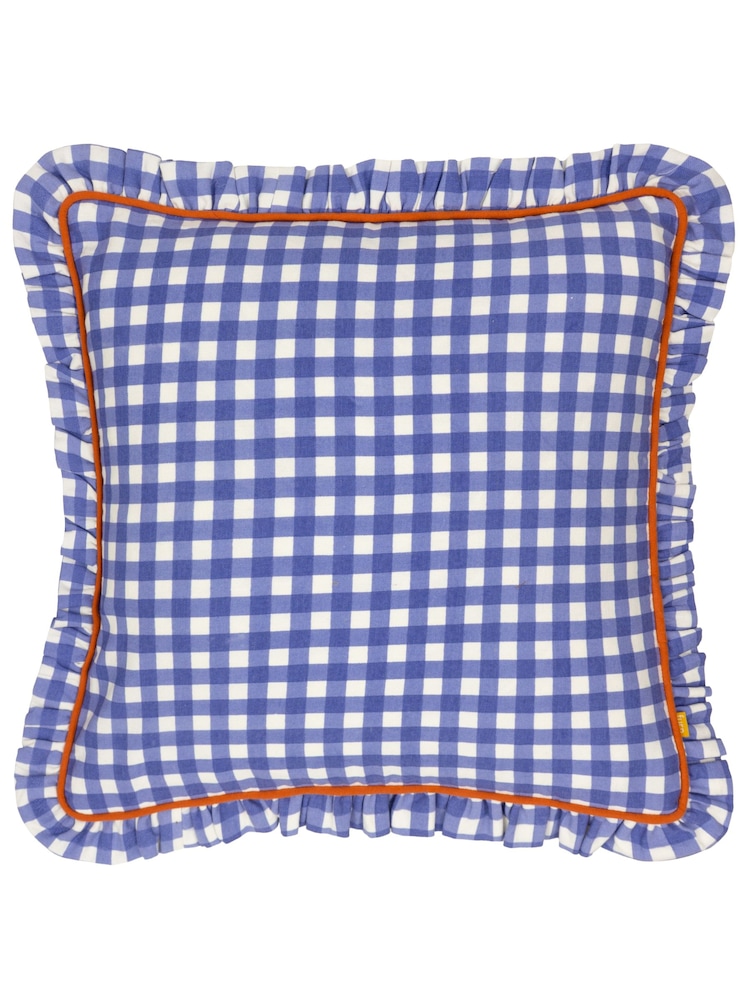 Furn Blue 100% Cotton Maude Gingham Reversible Piped Cushion - Image 1 of 4