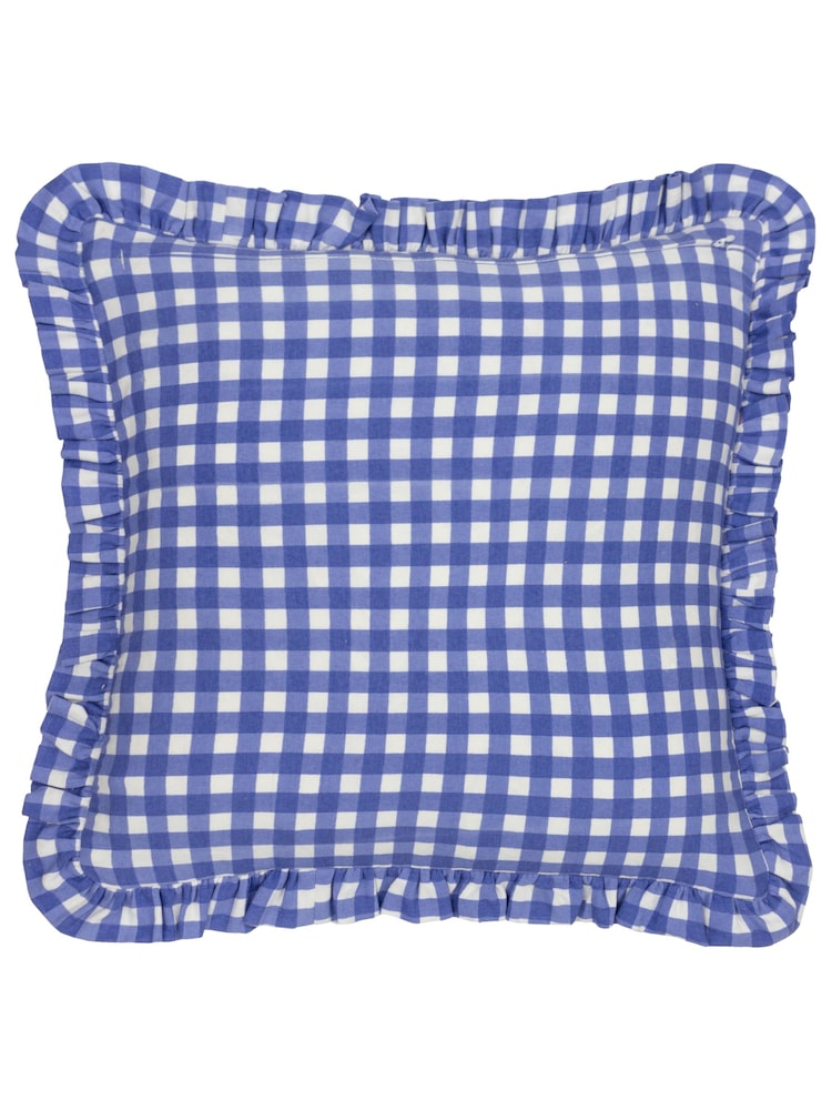 Furn Blue 100% Cotton Maude Gingham Reversible Piped Cushion - Image 2 of 4