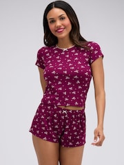 Boux Avenue Purple Bow Ribbed Short Pyjamas Set - Image 1 of 6