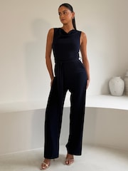 Girl In Mind Blue Tarrni Cowl Belted Jumpsuit - Image 1 of 5