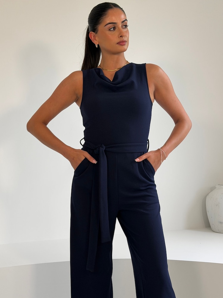 Girl In Mind Blue Tarrni Cowl Belted Jumpsuit - Image 5 of 5 Girl In Mind Blue Tarrni Cowl Belted Jumpsuit - Image 5 of 5