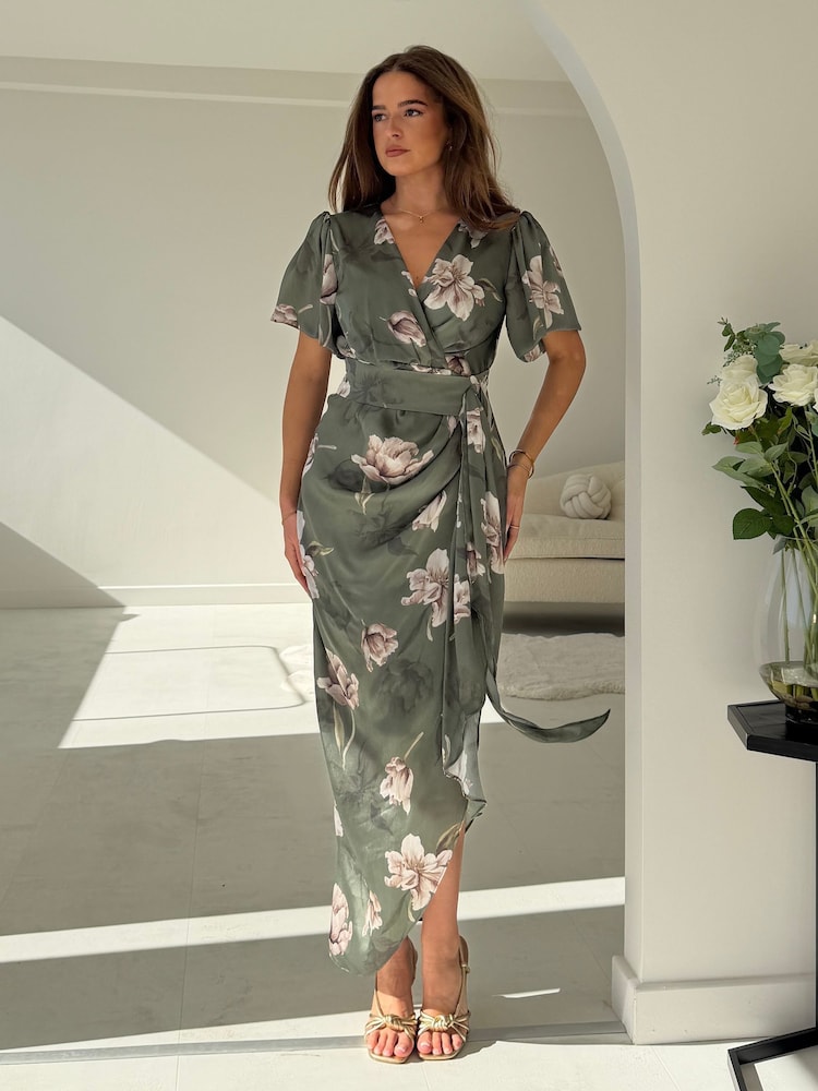 Girl In Mind Green Drew Puff Sleeve Wrap Front Midi Dress - Image 1 of 5
