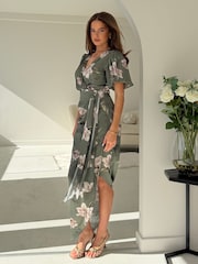Girl In Mind Green Drew Puff Sleeve Wrap Front Midi Dress - Image 3 of 5
