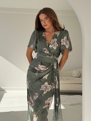 Girl In Mind Green Drew Puff Sleeve Wrap Front Midi Dress - Image 4 of 5