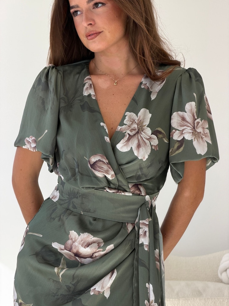 Girl In Mind Green Drew Puff Sleeve Wrap Front Midi Dress - Image 5 of 5