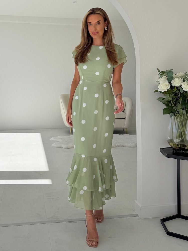 Girl In Mind Green Polka Dot Roxy Boat Neck Frill Midi Dress - Image 1 of 6