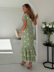 Girl In Mind Green Polka Dot Roxy Boat Neck Frill Midi Dress - Image 2 of 6