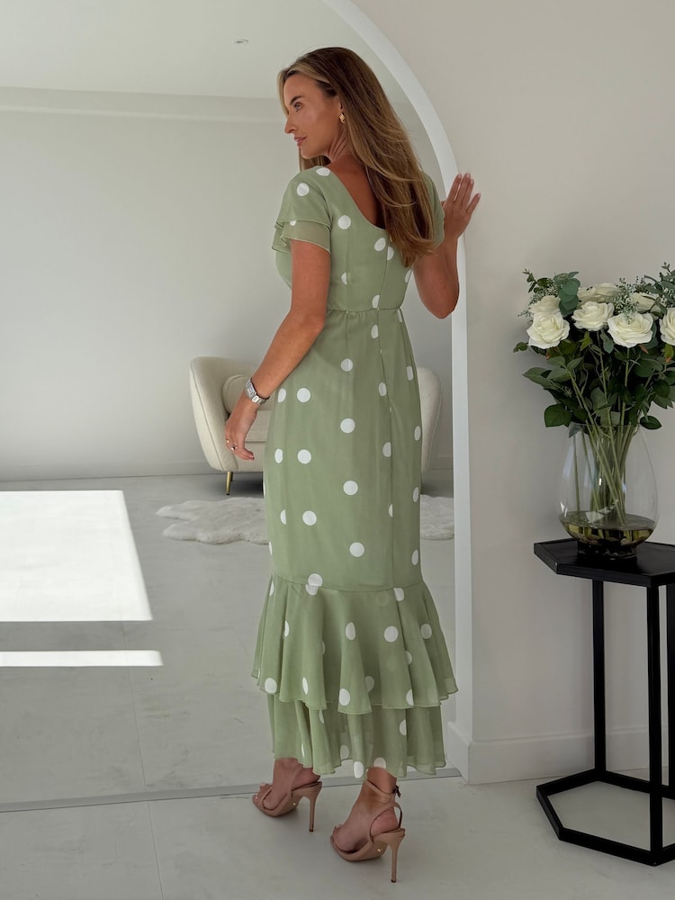 Girl In Mind Green Polka Dot Roxy Boat Neck Frill Midi Dress - Image 2 of 6