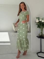 Girl In Mind Green Polka Dot Roxy Boat Neck Frill Midi Dress - Image 3 of 6