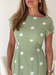 Girl In Mind Green Polka Dot Roxy Boat Neck Frill Midi Dress - Image 6 of 6