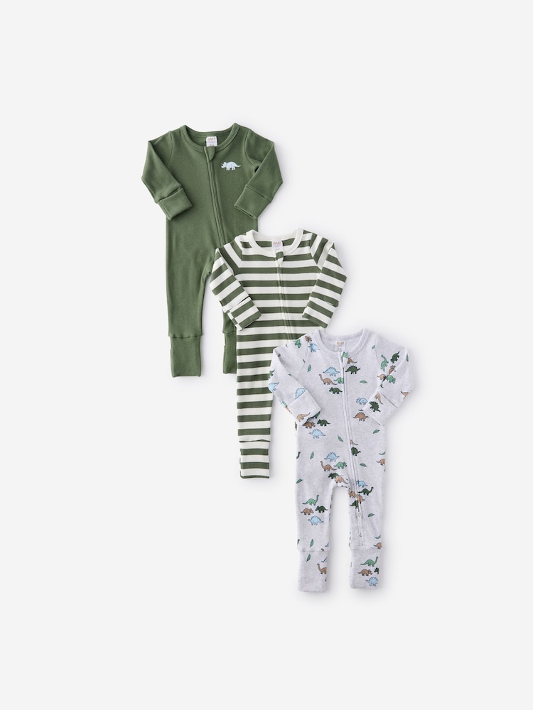 Cotton On Green Long Sleeve Rib Sleepsuits 3 Pack - Image 1 of 2